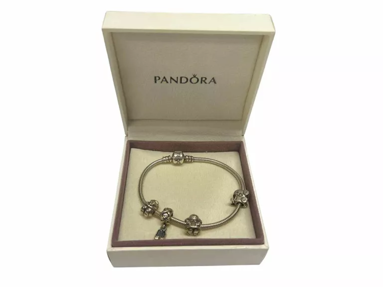 BRANSOLETKA SREBRNA PANDORA 19 CM + 4 CHARMS 29,7G