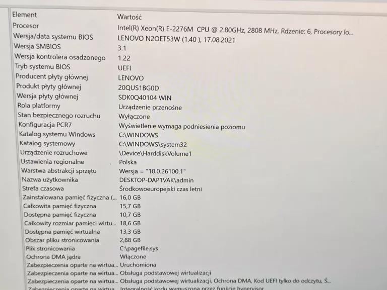 LAPTOP LENOVO THINKPAD P1 GEN 2 TOUCH INTEL XEON 16GB RAM QUADRO + ŁAD