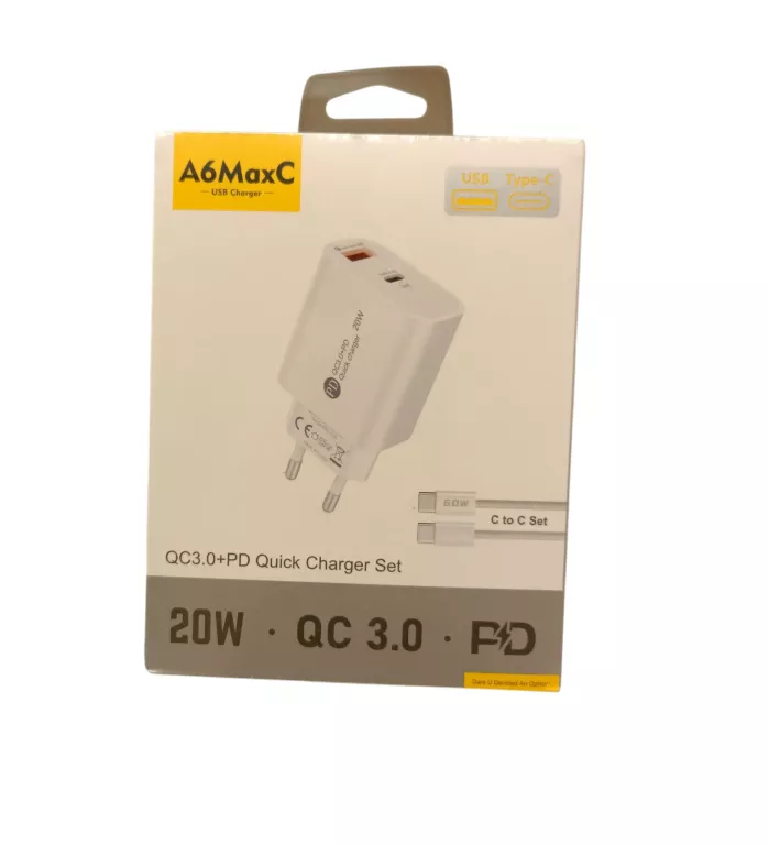 ŁADOWARKA SIECIOWA A6MAXL 20W USB-A USB-C Z KABLEM USB-C - USB-C 1M - BIAŁ