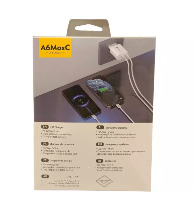 ŁADOWARKA SIECIOWA A6MAXL 20W USB-A USB-C Z KABLEM USB-C - USB-C 1M - BIAŁ