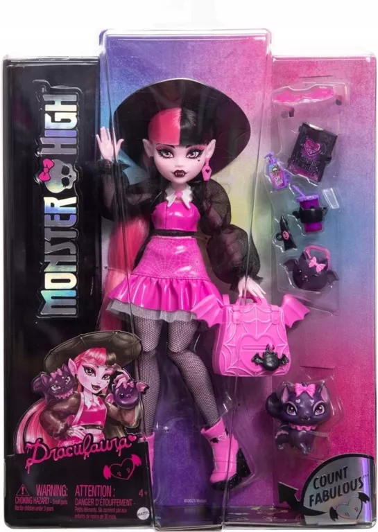 LALKA MONSTER HIGH DRACULAURA + AKCESORIA + ZWIERZĄTKO HRABIA NIETOPERZ