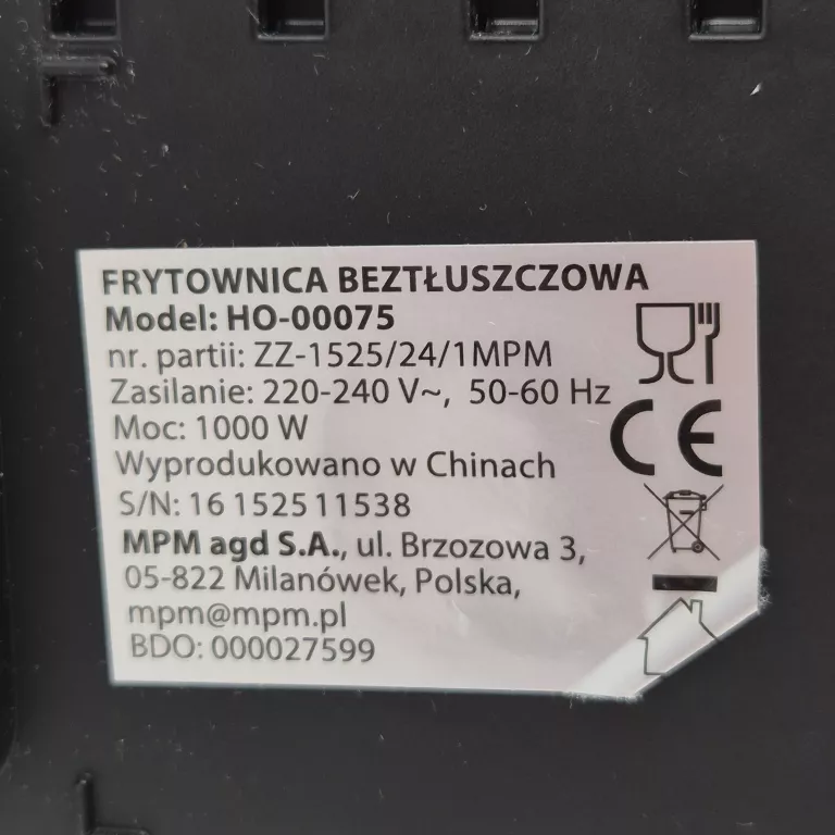 FRYTKOWNICA BEZTŁUSZCZOWA HOFFEN HO-00075 1000W