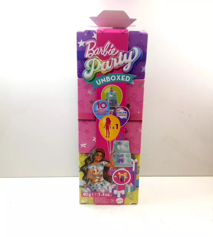 LALKA BARBIE PARTY UNBOXED W ZESTAWIE 10 NIESPODZIANEK #BRUNETKA