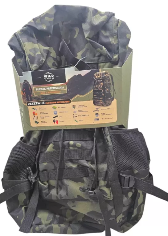 WILD TREK PLECAK SURVIVALOWY PRZETRWANIA 6000 OXFORD 60L KAMUFLAŻ + 15EL.