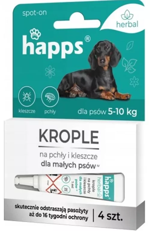 HAPPS HERBAL KROPLE NA PCHŁY I KLESZCZE DLA PSÓW MAŁYCH 5-10 KG, 4 X 1 ML