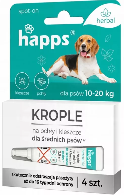 KROPLE NA PCHŁY I KLESZCZE DLA ŚREDNICH PSÓW MOCNE 10-20KG 4X 2,5ML HAPPS