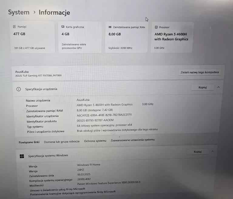 LAPTOP ASUS TUF GAMING A17 512GB/8GB/WIN11HOME!