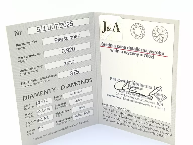 ZŁOTY PIERŚCIONEK Z BRYLANTAMI 0,12CT P375 0,92G R 18