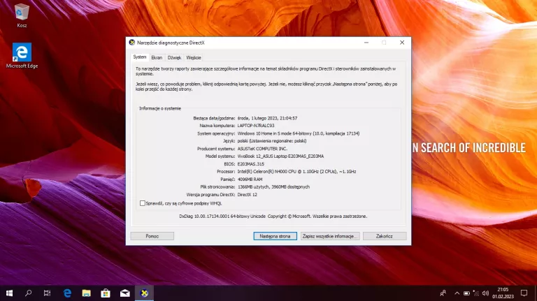 LAPTOP ASUS VIVOBOOK E203MA 11,6'' N4000 4GB 64GB EMMC W10 12/2018R