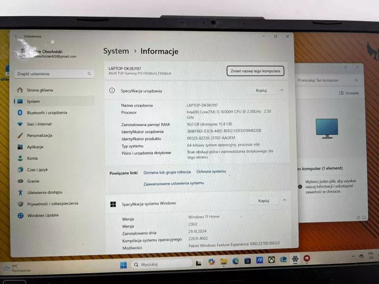 LAPTOP ASUS TUF GAMING FX506L GTX 1650/I5/16GB ŁAD
