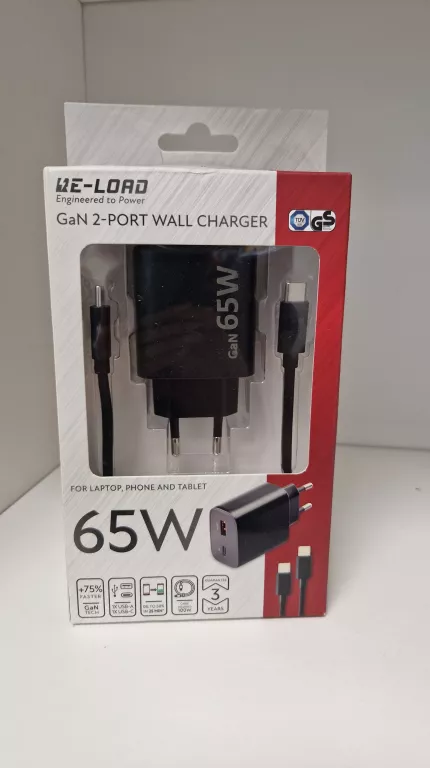 ŁADOWARKA SIECIOWA 2 PORTY FAST CHARGER 65W USB-C USB-A GAN CZARNA