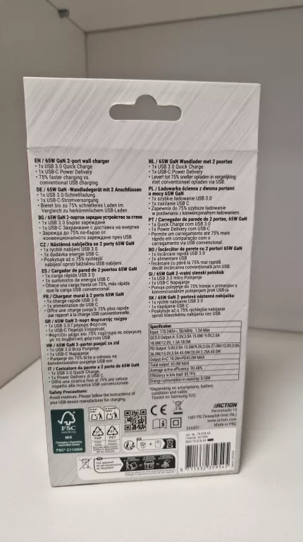 ŁADOWARKA SIECIOWA 2 PORTY FAST CHARGER 65W USB-C USB-A GAN CZARNA
