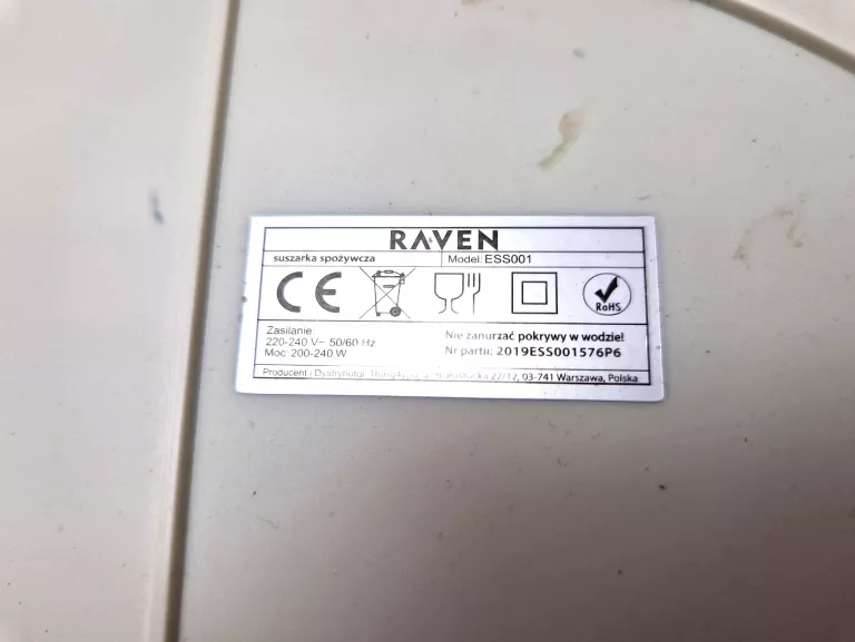 SUSZARKA SPOŻYWCZA DO OWOCÓW GRZYBÓW RAVEN ESS001X 240W 5 SIT BIAŁA