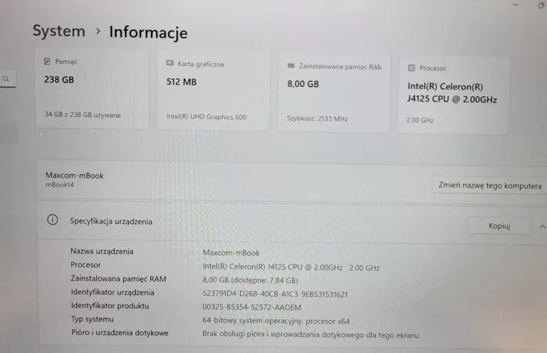 LAPTOP LAPTOP MAXCOM MBOOK 14" CELERON J4125 8GB RAM 256GB SSD| GWARANCJA!