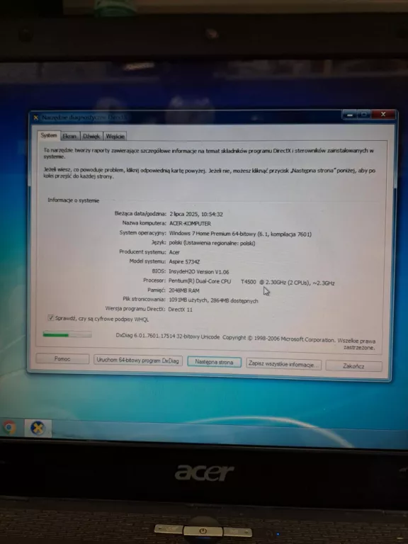 LAPTOP ACER ASPIRE 5734Z WIN7 INTEL PENTIUM DUAL-CORE 2/265GB +ŁAD+MYSZ