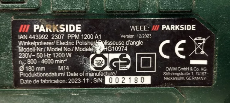 POLERKA ELEKTRYCZNA PARKSIDE PPM 1200 A1