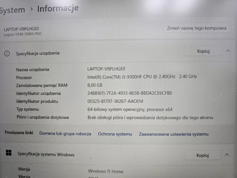 LENOVO LEGION Y540 15IRH 512GB/8GR/I5-9G/GTX1650/WIN11 ZASILACZ