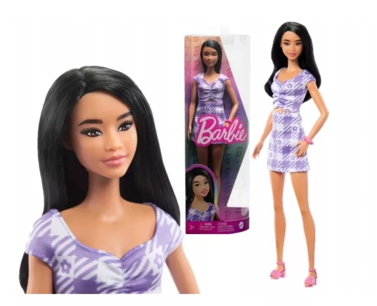 BARBIE FASHIONISTAS LALKA SUKIENKA FIOLETOWA KRATKA HPF75