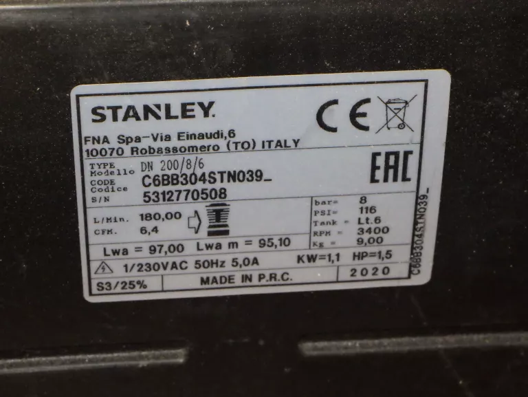 STANLEY KOMPRESOR BEZOLEJOWY SPRĘŻARKA 6L 8 BAR