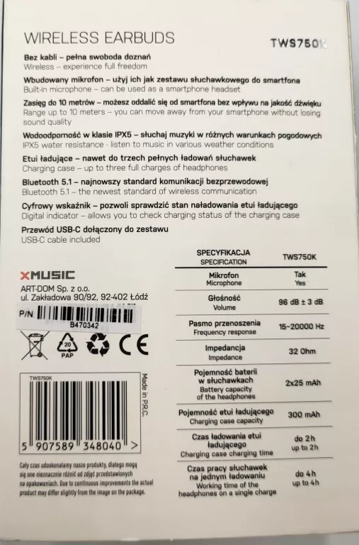 SŁUCHAWKI DOUSZNE XMUSIC TWS750K KOMPLET