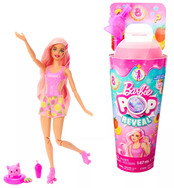 BARBIE POP REVEAL LALKA OWOCOWY SOK TRUSKAWKA 8 NIESPODZIANEK HNW41 KUBEK