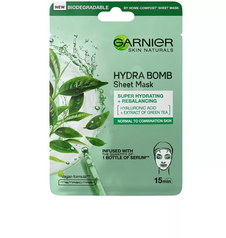 MASKA W PŁACIE DO TWARZY GARNIER HYDRA BOMB GREEN TEA 3600542385329