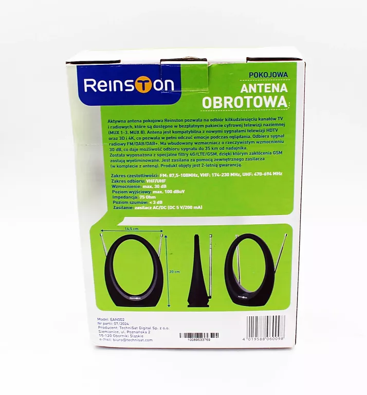 ANTENA WEWNĘTRZNA POKOJOWA REINSTON EAN002 DAB+ DVB-T2 FM FILTR 5G / LTE