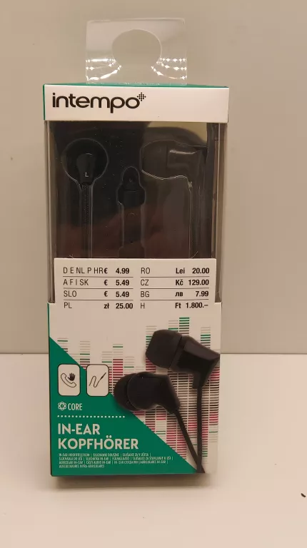 SŁUCHAWKI DOUSZNE INTEMPO 322 CZARNE KABEL 1.2M.