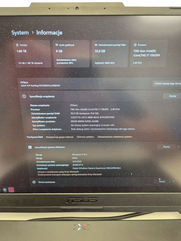 LAPTOP ASUS TUF FX507 KOMPLET / FV
