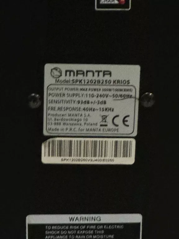GŁOŚNIK KARAOKE POWER AUDIO MANTA KRIOS SPK1202B250