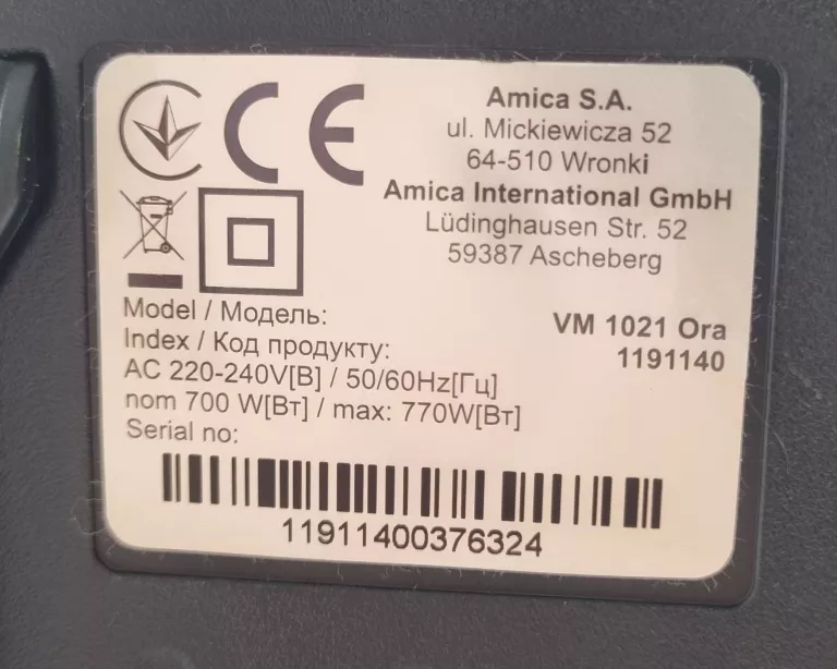 ODKURZACZ AMICA VM 1021 ORA 770W