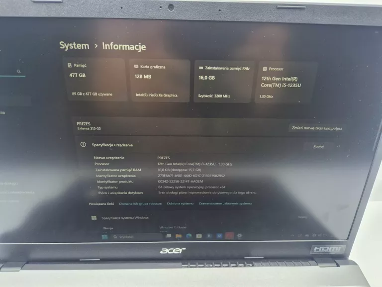 LAPTOP ACER EXTENSA 15 EX215-55-EP 16/512 I5-123U
