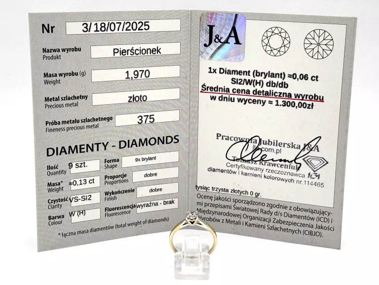 ZŁOTY PIERŚCIONEK Z DIAMENTAMI 375 1,97G R13 0,13CT