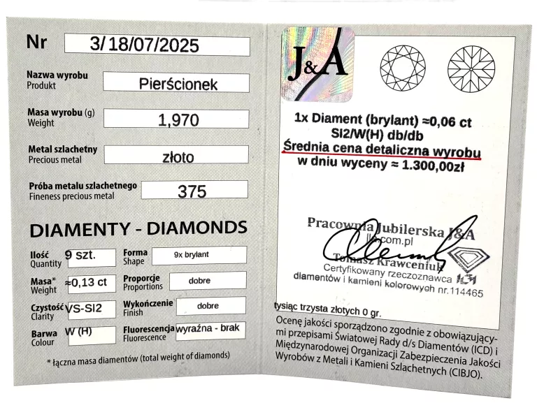ZŁOTY PIERŚCIONEK Z DIAMENTAMI 375 1,97G R13 0,13CT