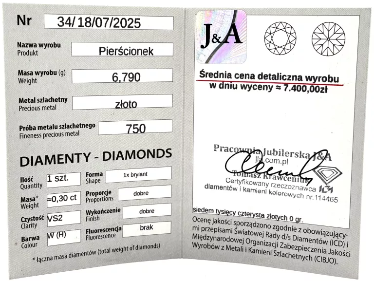 ZŁOTY PIERŚCIONEK Z BRYLANTEM 750 6,79G 0,30CT R12