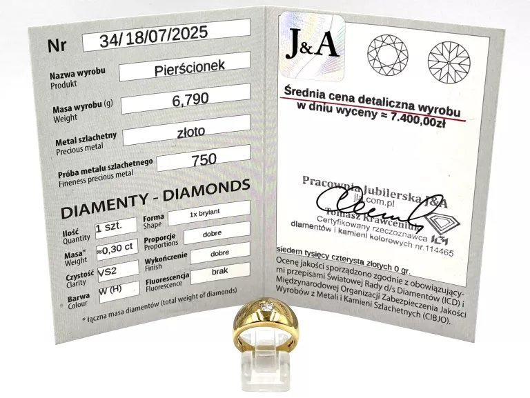 ZŁOTY PIERŚCIONEK Z BRYLANTEM 750 6,79G 0,30CT R12