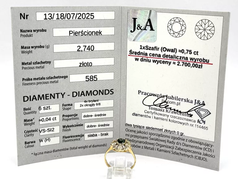 ZŁOTY PIERŚCIONEK Z SZAFIREM I DIAMENTAMI 585 2,74G R14 0,04CT