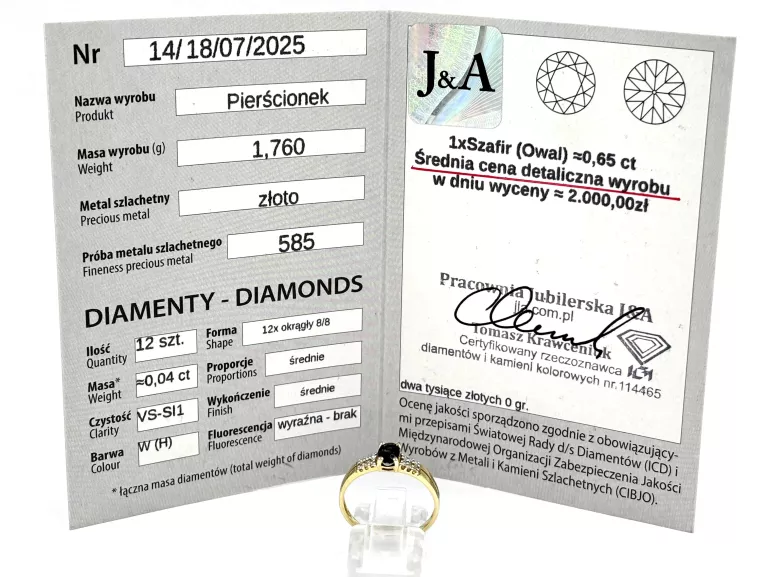 ZŁOTY PIERŚCIONEK Z SZAFIREM I DIAMENTAMI 585 1,76G R16 0,04CT