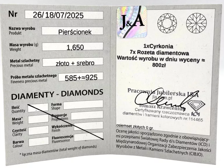 PIERŚCIONEK ZŁOTO I SREBRO Z ROZETĄ DIAMENTOWĄ 585 925 1,65G R12