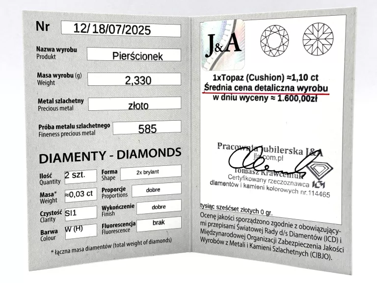 ZŁOTY PIERŚCIONEK Z TOPAZEM I DIAMENTAMI 585 2,33G R14 0,03CT