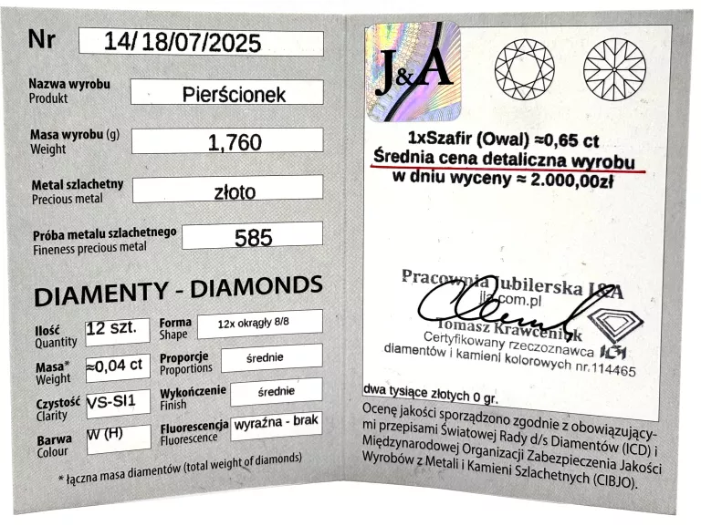ZŁOTY PIERŚCIONEK Z SZAFIREM I DIAMENTAMI 585 1,76G R16 0,04CT