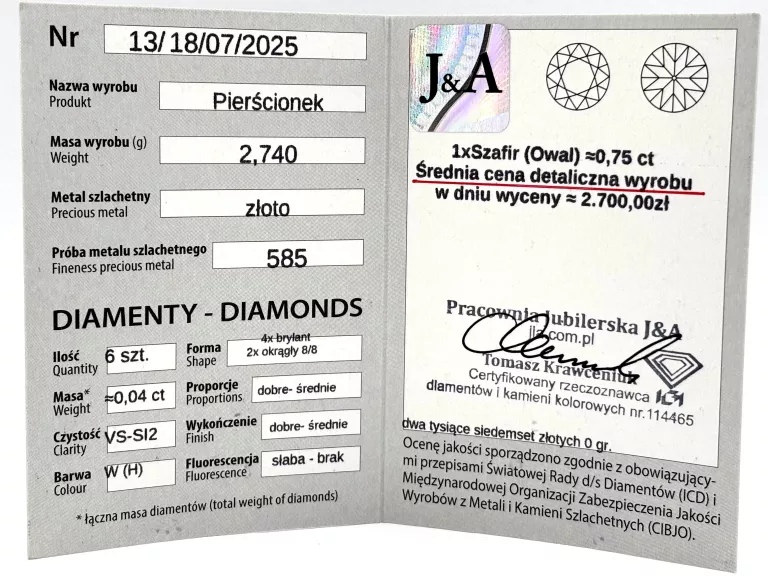 ZŁOTY PIERŚCIONEK Z SZAFIREM I DIAMENTAMI 585 2,74G R14 0,04CT