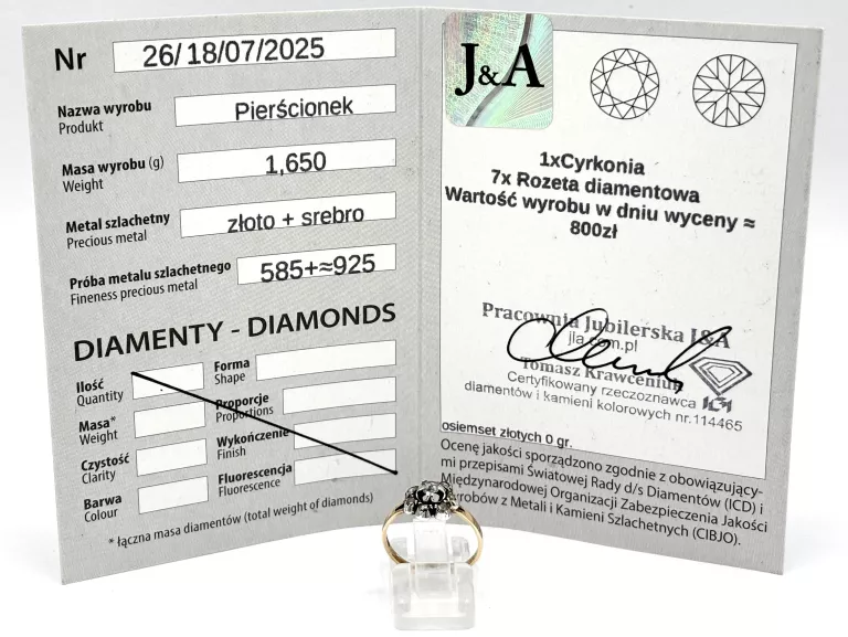 PIERŚCIONEK ZŁOTO I SREBRO Z ROZETĄ DIAMENTOWĄ 585 925 1,65G R12