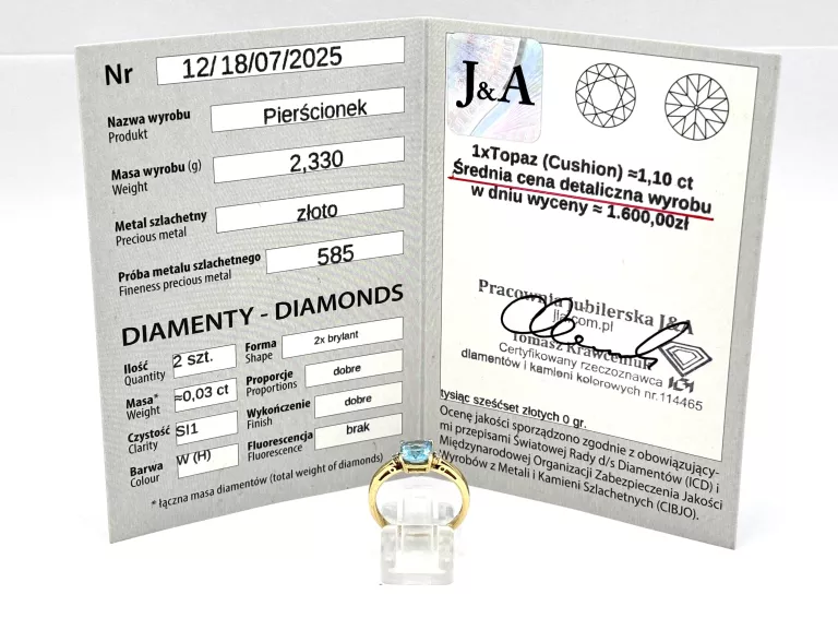 ZŁOTY PIERŚCIONEK Z TOPAZEM I DIAMENTAMI 585 2,33G R14 0,03CT