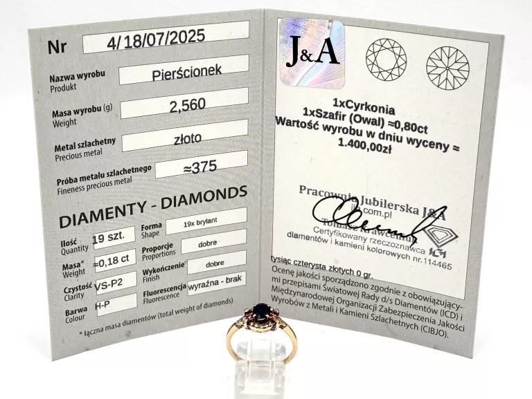 ZŁOTY PIERŚCIONEK Z SZAFIREM I DIAMENTAMI 375 2,56G R17 0,18CT