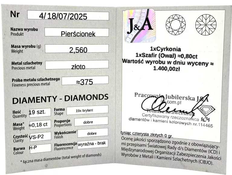 ZŁOTY PIERŚCIONEK Z SZAFIREM I DIAMENTAMI 375 2,56G R17 0,18CT