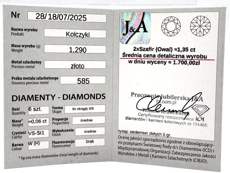 ZŁOTE KOLCZYKI Z SZAFIRAMI I DIAMENTAMI 585 1,29G 0,06CT SZTYFT