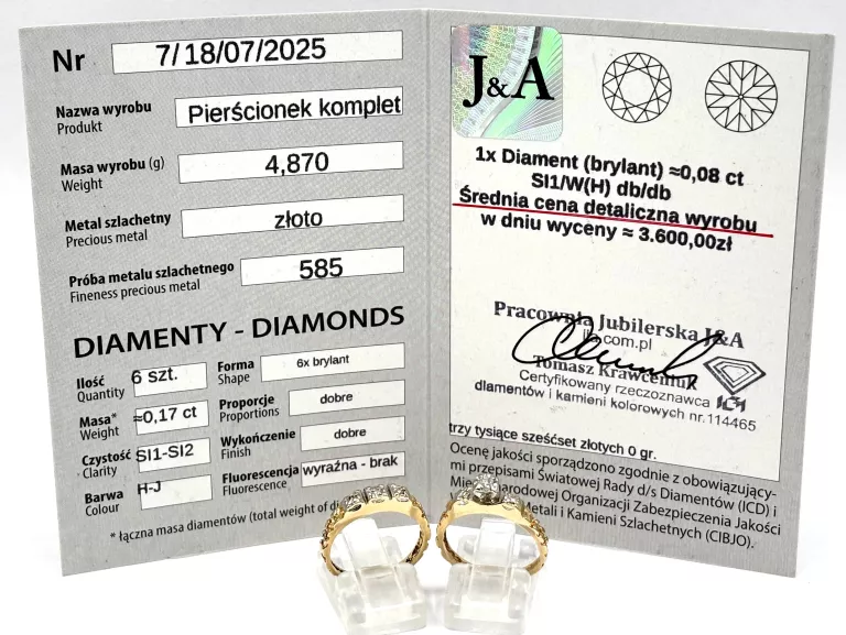 KOMPLET DWÓCH ZŁOTYCH PIERŚCIONKÓW Z DIAMENTAMI 585 4,87G R13 0,17CT