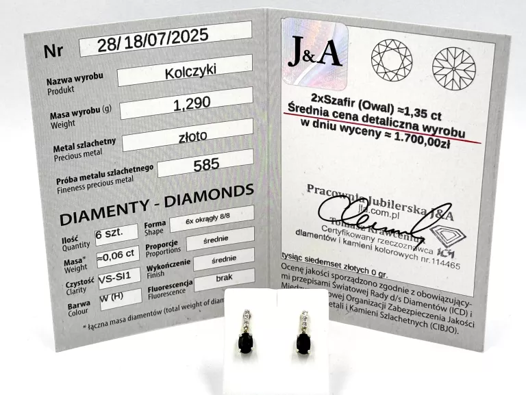ZŁOTE KOLCZYKI Z SZAFIRAMI I DIAMENTAMI 585 1,29G 0,06CT SZTYFT