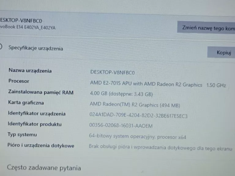 LAPTOP ASUS E402Y AMD E2-7015/AMD RADEON R2/250/4 GB + ZASILACZ
